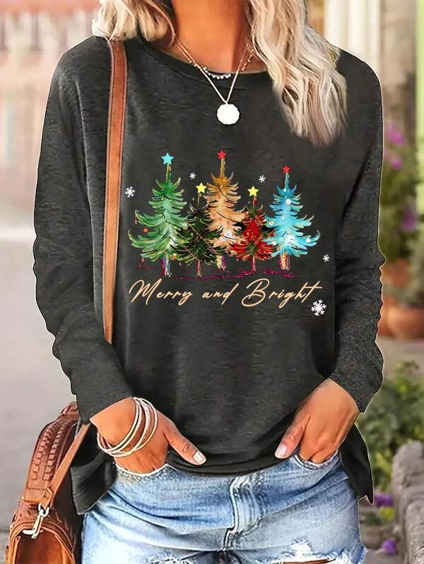 Camiseta de manga larga con cuello redondo y estampado de árbol de Navidad y lema, para mujer talla grande, ideal para fiestas navideñas en otoño e invierno