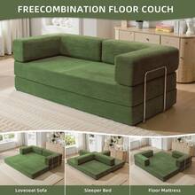 78.7" Foldable 3-Seater Fabric Sofa Bed With Square Armrests, Modular Compressible Living Room Sofa Set, Vintage Suede Comfortable Lounge Chair Sofa, Lazy Sofa (Bean Bag), And Bedroom Sleeper Sofa Bed - 綠色 - 查看 2
