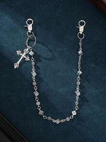 1pc Dice & Cross Patchwork Waist Chain, Fashionable Punk Personalized Street Hip-Hop Pant Chain, Unisex Retro - Ancient Silver - View 1