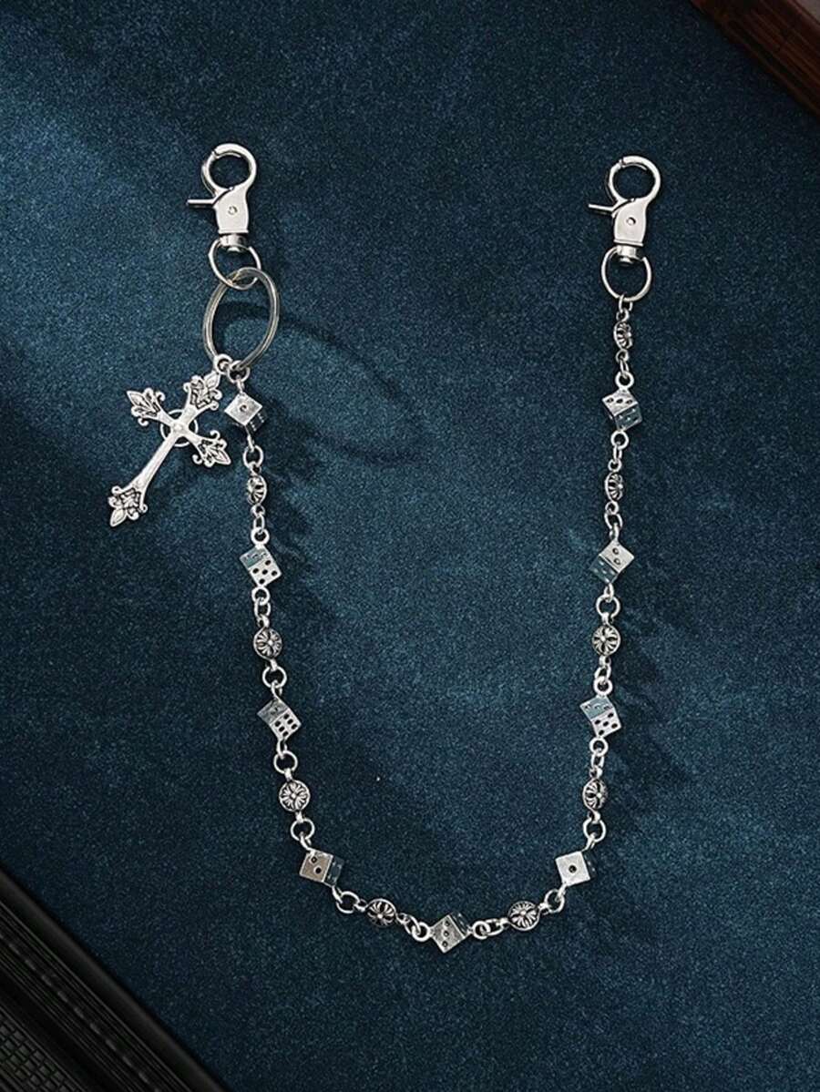 1pc Dice & Cross Patchwork Waist Chain, Fashionable Punk Personalized Street Hip-Hop Pant Chain, Unisex Retro - Ancient Silver - View 1