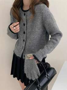 Wixra 2025 Autumn New Design Colorblock Heart Button Knitted Cardigan, Versatile Women Sweater Jacket - Grey - View 4