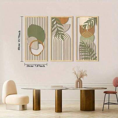 3件套鼠尾草绿抽象木质墙饰，几何木质墙画/16 x 8 英寸/现代中性墙面装饰，适用于客厅、卧室、办公室
