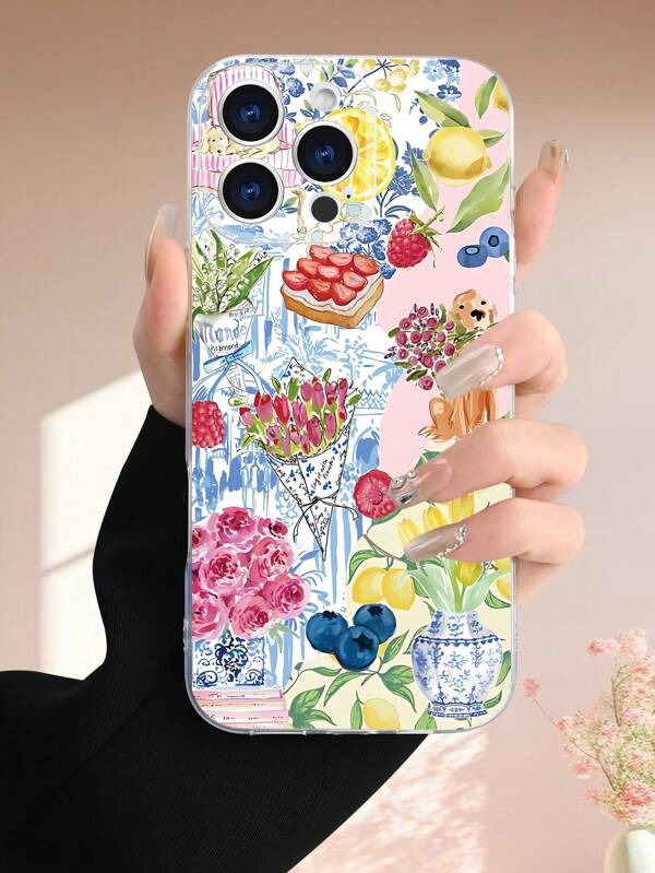 1 pezzo Custodia protettiva per telefono morbida e trasparente, di stile naturale, versatile e alla moda, con motivi floreali, fragole, mirtilli, limoni, cuccioli, adatta come regalo per fidanzata, sorella, amica, zia, mamma, coppie, compleanni, compatibile con 17/16/15/14/13/12/11/Pro/ProMax/X/XR/XS/XSMAX/7/8/PLUS e modelli