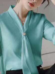Blus Leher V Berhiaskan Manik-manik Warna Polos, Kemeja Lengan Panjang Elegan - Cadet Blue - View 5