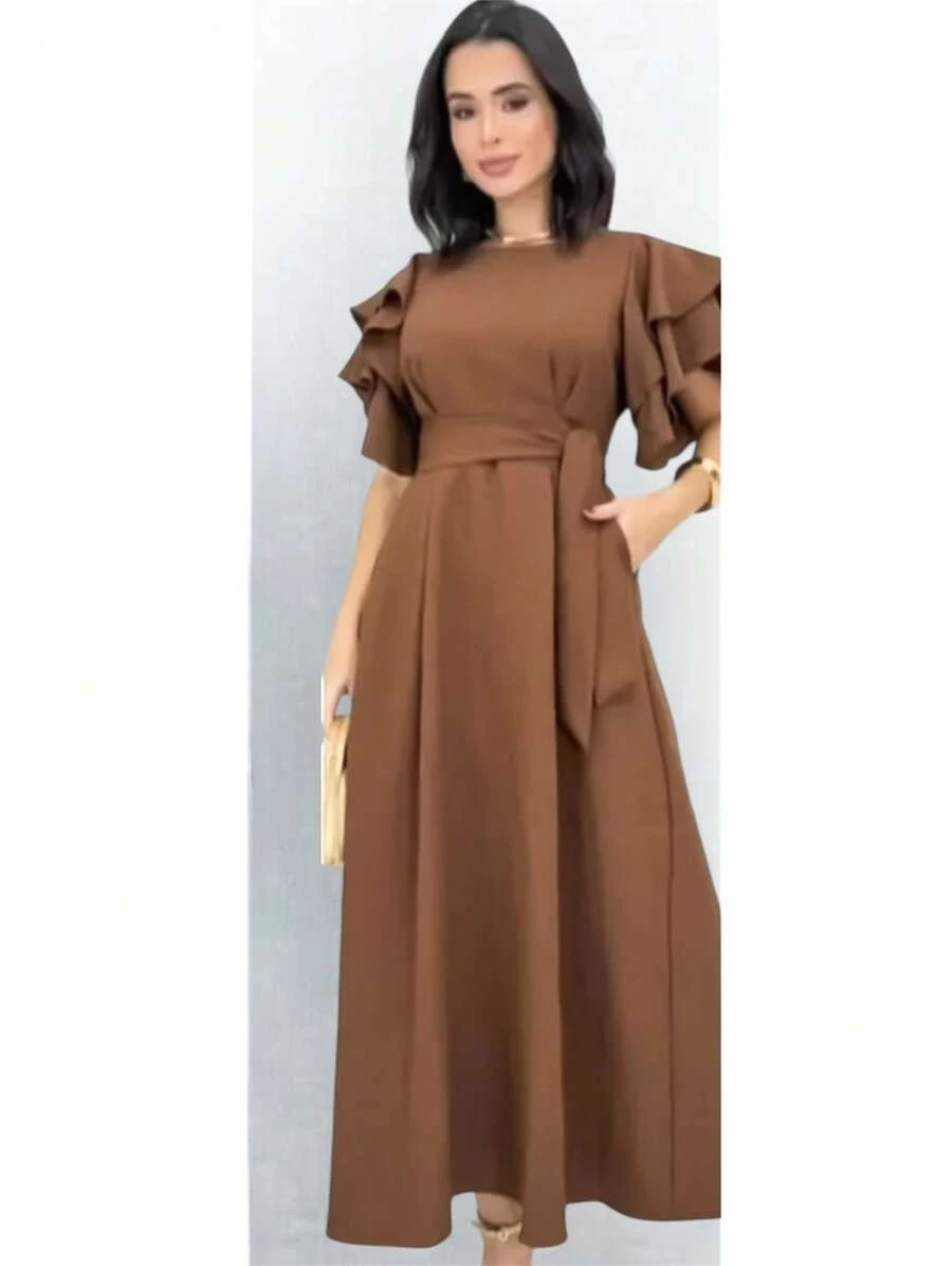 Duna Women's Long Midi Dress In Linen With Ruffle Sleeves And Belt - Chocolate Brown - View 1