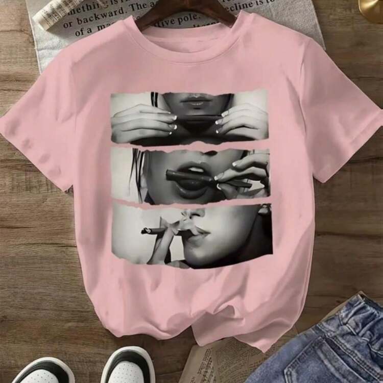 Women's T-Shirt Photography Woman Cigarette Blouse 100% Cotton Premium Mesh Short Sleeve Round Neck Shirt - 淺粉色 - 查看 2