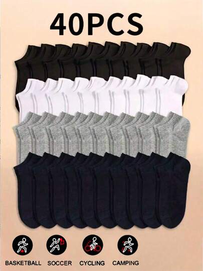 40 Pairs Solid Color Unisex Socks, Soft & Lightweight Low Cut Ankle Socks For Men And Women, Collegiate Style Back To School