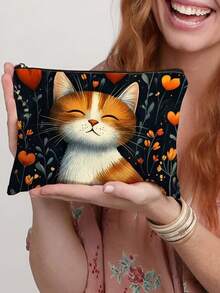 1 Pc Funny Cat Retro Cat Pattern Cosmetic Bag, Funny Cat Toiletry Bag, Portable Travel Storage Bag,Zipper Lightweight Makeup Pouch For Women, Makeup Bag, Pencil Bag Travel Essentials Holiday Vacation Makeup Organizer Travel Bag For Women