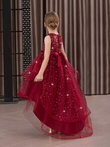 Tween Girl Christmas Elegant Sequin Trailing Tulle Princess Dress, Suitable For Birthday Party, Flower Girl, Wedding, Prom, Holiday Occasions - Burgundy - View 6