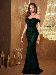 UNITHORSE [Random Cut] Women Off Shoulder Backless Dress, Shiny Sequins Elegant Evening Party Dress, Bride Dress, Birthday Outfits, Graduation Dress, Formal Dress - 墨綠色 - 查看 1