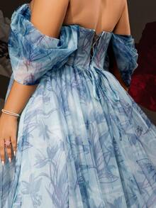 VIPGIRL 优雅蓝色花朵露肩大码礼服，高开衩，薄纱覆盖，长款正式晚礼服，女士公主风格舞会礼服，婚礼宾客礼服，奢华舞会礼服，女士派对礼服 - 藍色 - 查看 9