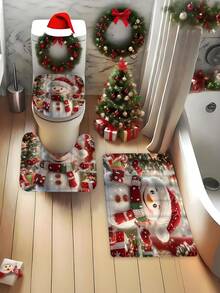 1/4 Piece Snowman Shower Curtain Set - White And Red, With Bathroom Mat And Hooks - Suitable For Christmas Bathroom Decor - Adds Holiday Atmosphere To Your Bathroom - Brings Festive Vibe To Your Shower Area