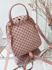 Women's Mini Printed Backpack, Faux Leather Material, Adjustable Shoulder Strap, Casual Zipper Shoulder Bag, Portable And Lightweight, Suitable For Teenagers, Women, College Students, For Outdoor, Travel, Hiking, Back To School, Work, Business, Commuting, Pink - Pink - View 3