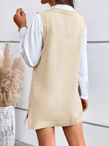 女式纯色 V 领简约无袖侧开衩针织毛衣裙，休闲日常穿着 - 米色 - 查看 2