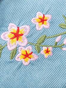 年轻女孩休闲纯色针织花卉刺绣纽扣荷叶边领长袖上衣，适合春秋季日常、居家、户外、运动 - 藍色 - 查看 6