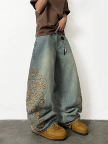 1pc Hearty Haven Men's American Fashion Embroidered Wide Leg Jeans, Casual Retro Washed Loose Long Pants (No Belt & Accessories) - Blue - View 1