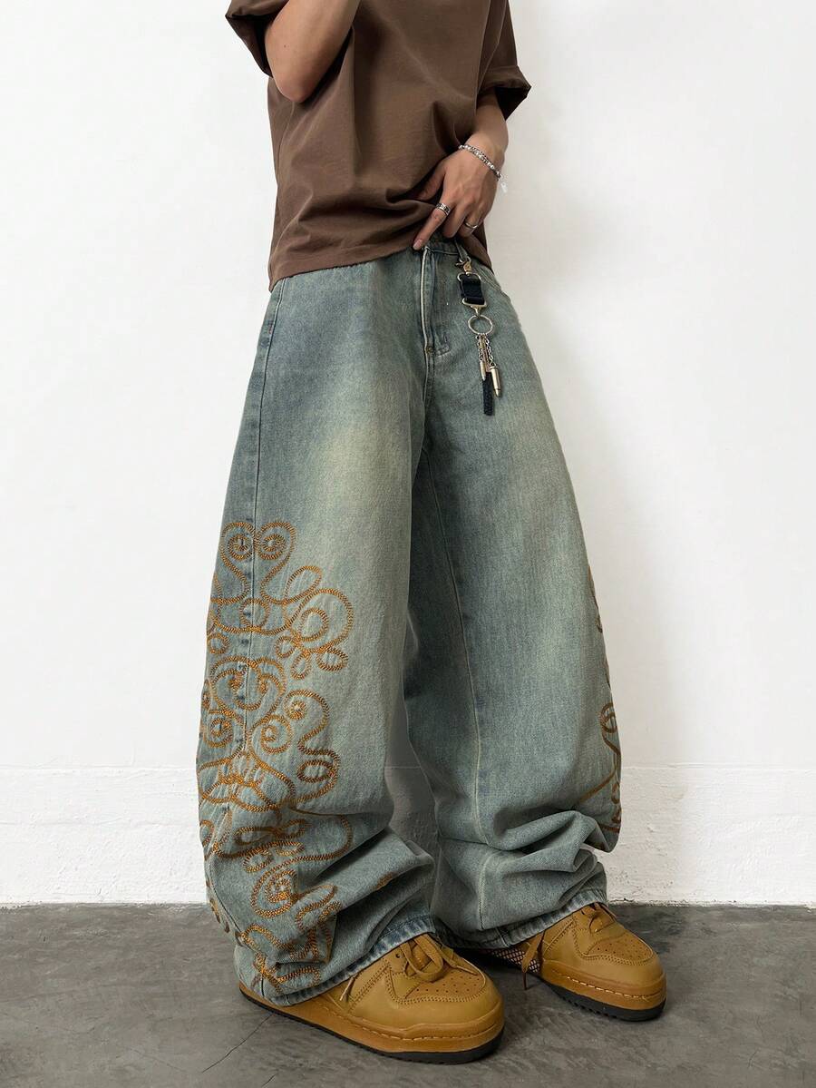 1pc Hearty Haven Men's American Fashion Embroidered Wide Leg Jeans, Casual Retro Washed Loose Long Pants (No Belt & Accessories) - Blue - View 1