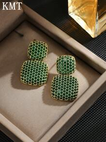 KMT 2pcs Copper Alloy Cubic Zirconia Inlaid Splicing Square High-End Fashion Earrings For Women, Suitable For Party, Daily Wear, And Dating