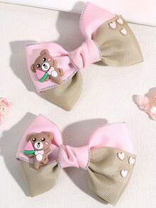 2 件粉色和卡其色蝴蝶结发夹，适合幼儿女孩，可爱小熊和迷你粉色心形配饰，鳄鱼夹，儿童青少年发饰
