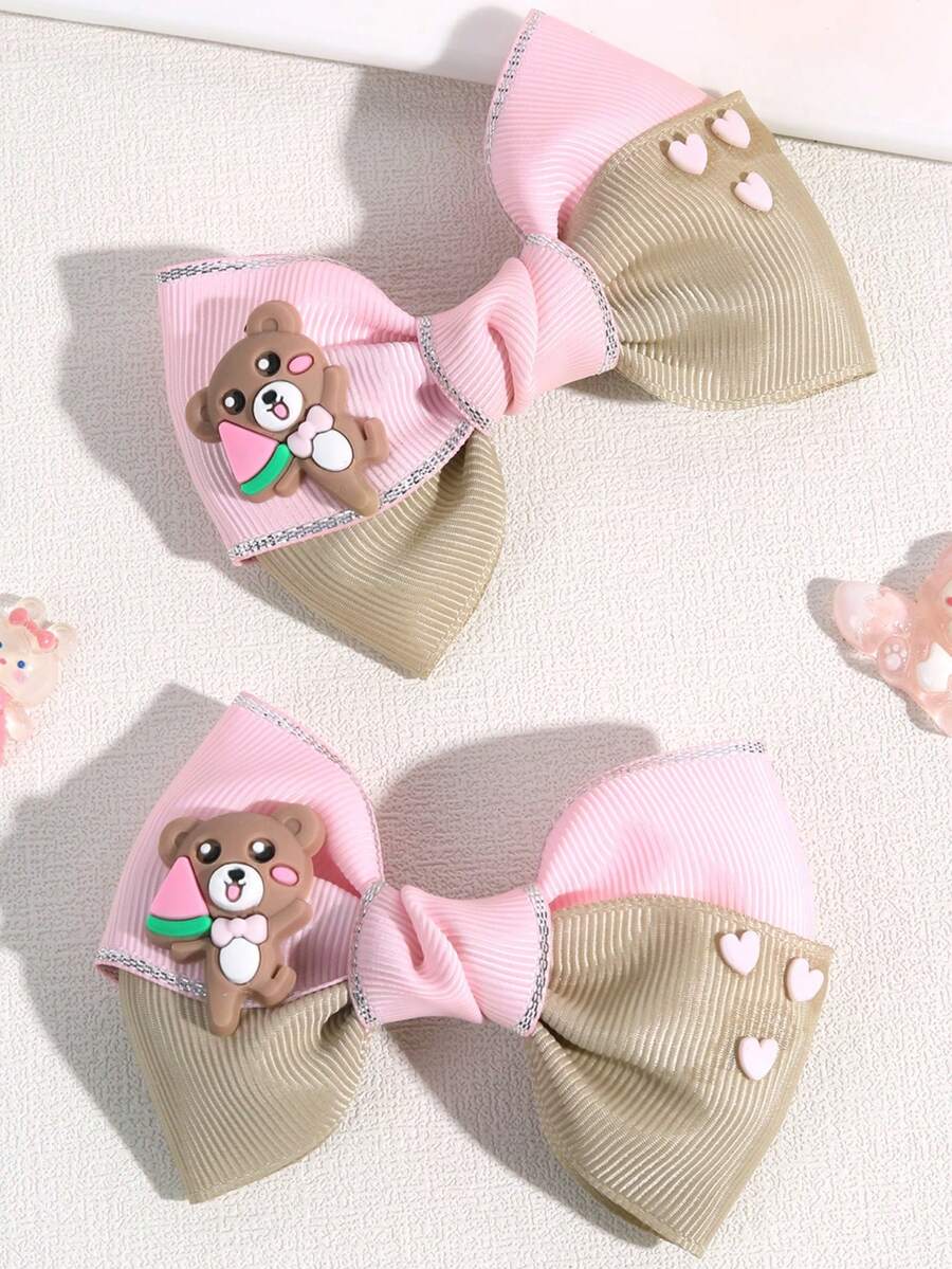 2 件粉色和卡其色蝴蝶结发夹，适合幼儿女孩，可爱小熊和迷你粉色心形配饰，鳄鱼夹，儿童青少年发饰