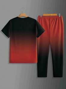 2pcs/Set Men's Premium Soft & Comfortable Ombre Casual Round Neck Short Sleeve Top And Jogger Pants Set, Popular Outfit