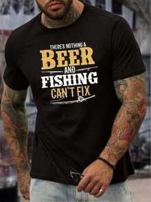 Beer and Fishing Print Tee Shirt, Tees for Men, Casual Short Sleeve T-shirt for Summer