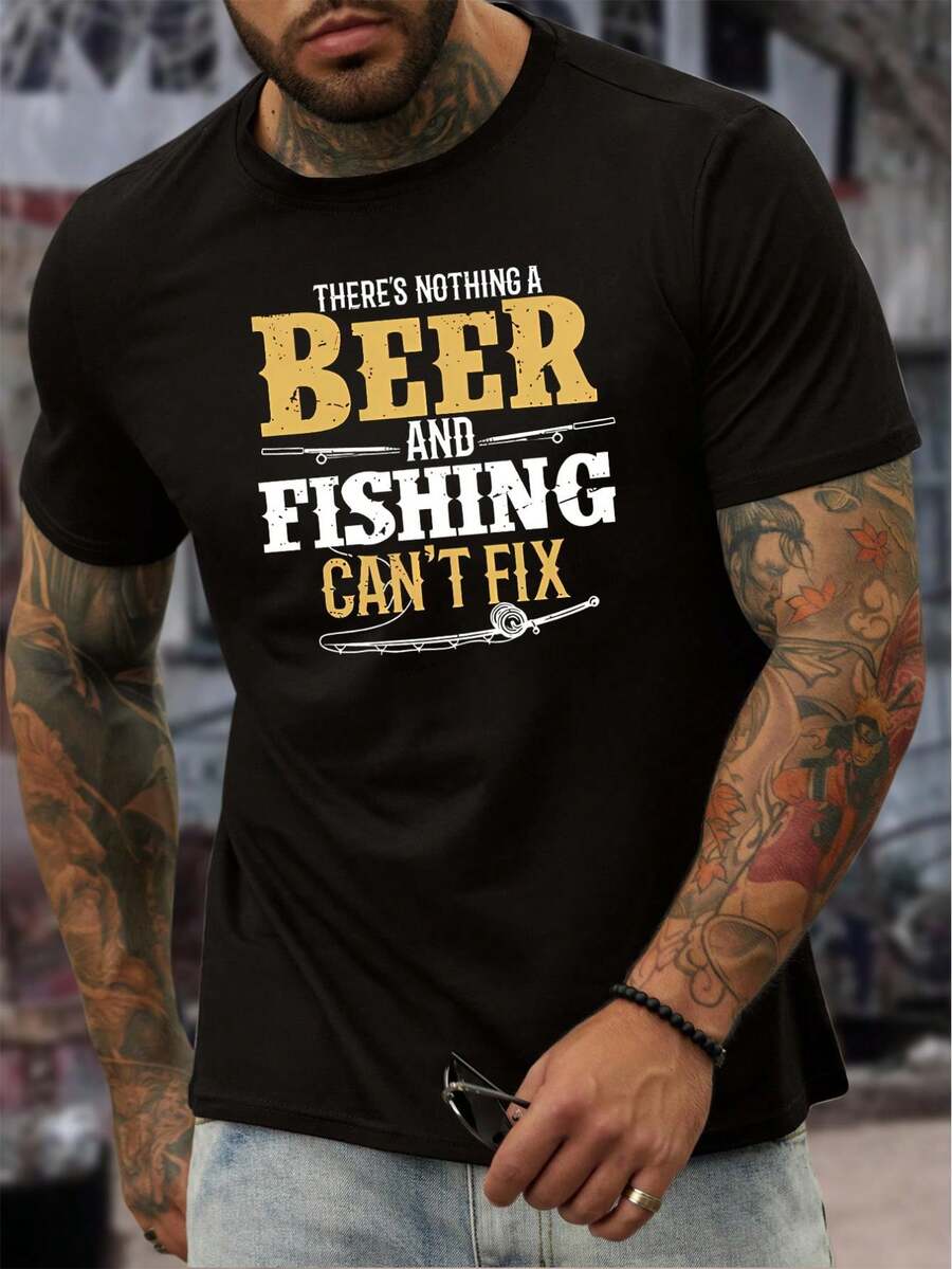 Beer and Fishing Print Tee Shirt, Tees for Men, Casual Short Sleeve T-shirt for Summer