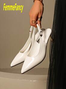 优雅尖头细高跟凉鞋，性感女士派对礼服鞋，适合通勤、夜店、婚礼、户外，皮革扣带，小猫跟，白色高跟鞋，可搭配礼服，四季皆宜 - 白色 - 查看 3