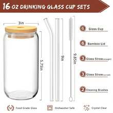 6 PCS 16oz Drinking Glasses With Bamboo Lids And Glass Straws, Glass Cups With Lids And Straws, Beer, Iced Coffee Glasses, Soda, Gift 1 Cleaning Brushes. - 6pcs - 查看 2