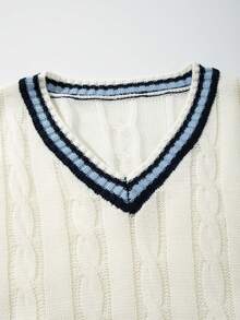 ANDREILEE 复古宽松休闲街头风男女通用毛衣，纹理条纹撞色V领插肩长袖针织套头衫，适合春、秋、冬三季穿着。 - 白色 - 查看 6