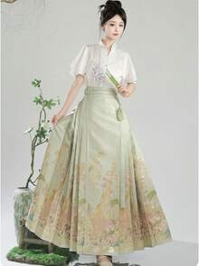 1 件现代中国汉服，复古风格绿色琵琶刺绣腰部收腰中长连衣裙，适合成人中国文化爱好者