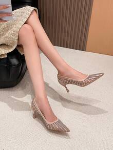 Xin Jing Shoes Women's Fashion Versatile Mesh Pointed Toe High Heel Pumps, Suitable For Commuting And Wedding - Khaki - View 4