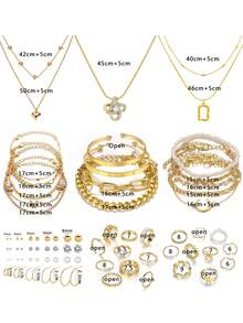 FAXHION 77pcs/35pcs Middle Eastern Style Elegant Vintage Butterfly, Heart, Faux Pearls, Twist, Rhinestone, Snake Chain, Braided Chain, Geometric C-Shaped Earrings, Necklace, Ring, Bracelet Jewelry Set For Holiday, Party, Gift - 金黃色-35件 - 查看 9