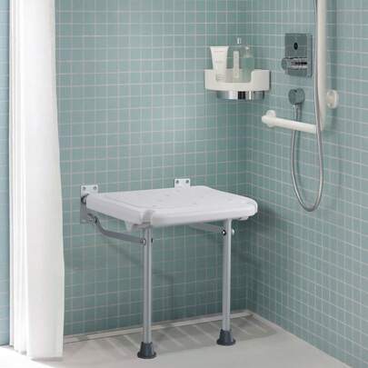Folding PE Shower Seat, 15.7'' X 14.8'' Unfolded, Wall Mounted Fold Up Shower Bench With 500 Lbs Load Capacity, Space Saving Fold Down Shower Chair For Seniors Pregnant Women Children Adults