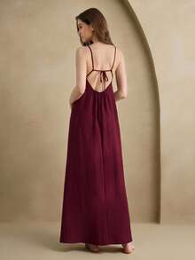 Anewsta Leisure Women's Solid Color Bust Pleated Camisole Nightgown Babydoll Holiday Season - Burgundy - View 3