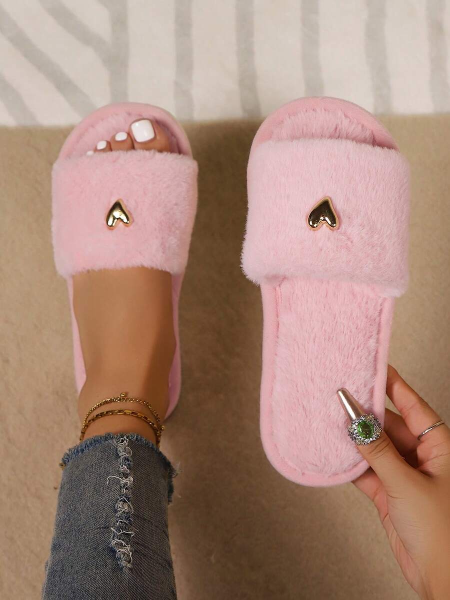 Dép bông trang trí hình trái tim thời trang cao cấp dành cho nữ, mềm mại và thoải mái, đế mềm, nhẹ, thích hợp cho phòng khách và phòng ngủ, mọi mùa - Hồng - Xem 1