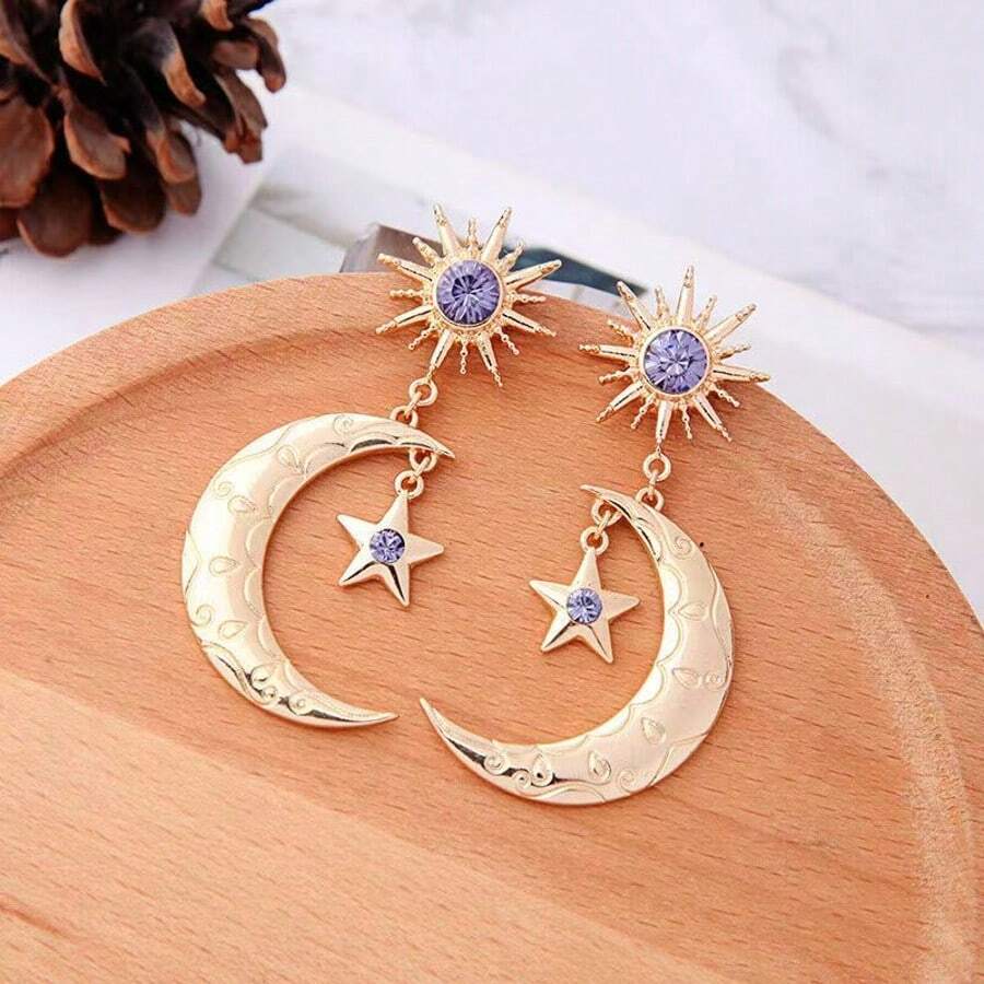 1 par de pendientes largos con diseño de nicho elegante minimalista retro de diosa, sol, luna y estrella