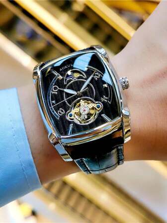 AOKULASIC 1pc Tourbillon Skeleton Automatic Mechanical Watch For Men Luminous Hands Business Casual Men Watches Top Brand Luxury Wristwatches Gifts With Box