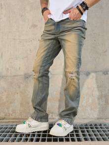 男士复古破洞宽松直筒牛仔裤 - 銅色 - 查看 4