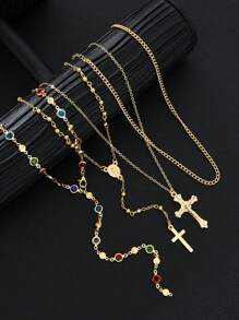 4/2 pezzi Set di collane multistrato a forma di Y, pendente elegante vintage con croce, cristalli colorati e strass luccicanti, collana minimalista con catena in metallo e perline rotonde, collana lunga a forma di Y, design vintage alla moda e grazioso, adatto per vacanze, feste, appuntamenti, regali, uso quotidiano