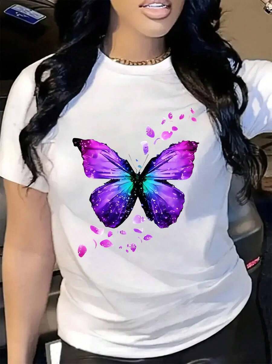 Nueva colección de primavera-verano con estampados de mariposas en degradado brillante. Esta camiseta casual de manga corta con cuello redondo es ideal para cualquier temporada y un regalo perfecto para amigas.