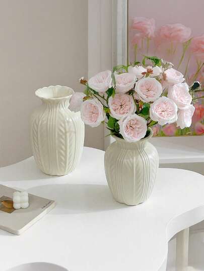 1PC Shatterproof Faux Ceramic Plastic Vase, Moderne Minimalist Home Wit Gestreepte Textured Cylindrical Elegante Multi Functional ative Flower Vase Wedding, Office, Seasonal Displays, Year Round Indoor/Outdoor Room Glass view 7