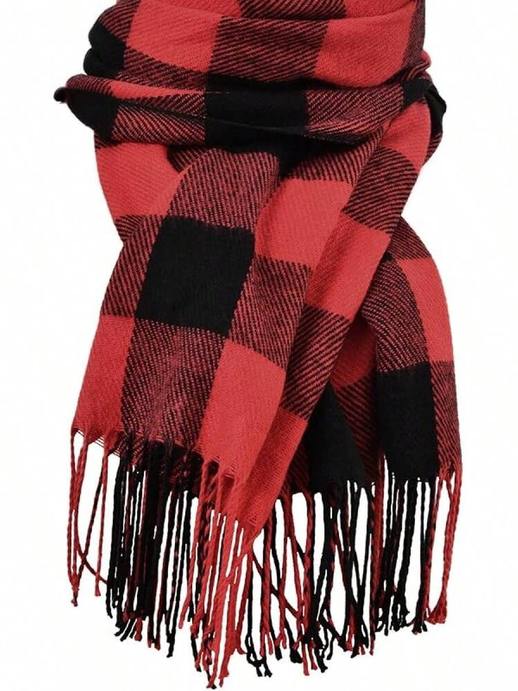 Bufanda de invierno para mujeres, bufandas de moda con sensación de cachemira a cuadros para mujeres, chales y envolturas de pashmina, bufanda larga tipo manta - Cuadros rojos y negros - Añade 1