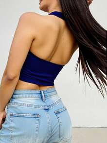 Chaleco top azul mujer escote halter botones moderno casual juvenil tejido con textura botones delanteros espalda al aire. - Azul rey - Ver 3