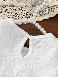 1pc Baby Girl Elegant White Jacquard Long Sleeve Dress With Bow Decor And Embroidery, Mesh Fabric, Suitable For Spring/Autumn - White - View 10
