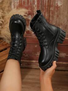 Women's Side Zipper Lace-Up Combat Boots, Punk Black Fashion Boots For Autumn/Winter