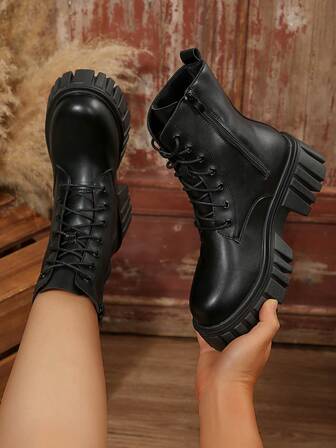 Fall/Winter Women Side Zip Lace-Up Front Combat Boots, Punk Black Fashion Boots