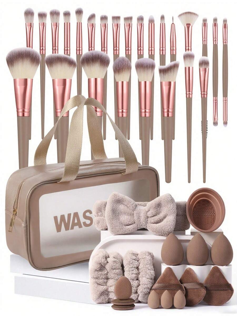 42件套化妆刷及化妆海绵套装，包含25支化妆刷，柔软舒适，包括眼影刷、眉刷、双用途化妆刷、粉底刷、粉底液刷、腮红刷、遮瑕刷、高光刷等。采用超柔软优质合成毛，适合日常面部妆容。可作为赠品，专业化妆刷套装，完整化妆套装。 - 咖啡棕 - 查看 1
