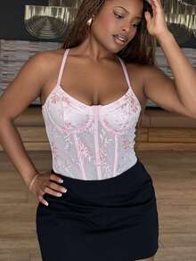 Tyla Gomez Women's Sexy Floral Embroidery Mesh Bodysuit For Summer,Embroidered Corset Bodysuit - Pink - View 3