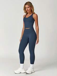 MASKERT "2-Piece Set"Women's Vest Yoga Tight Pants Set, High Stretch Running Sports Set, Comfortable And Skin Friendly - 藏蓝色 - 查看 4